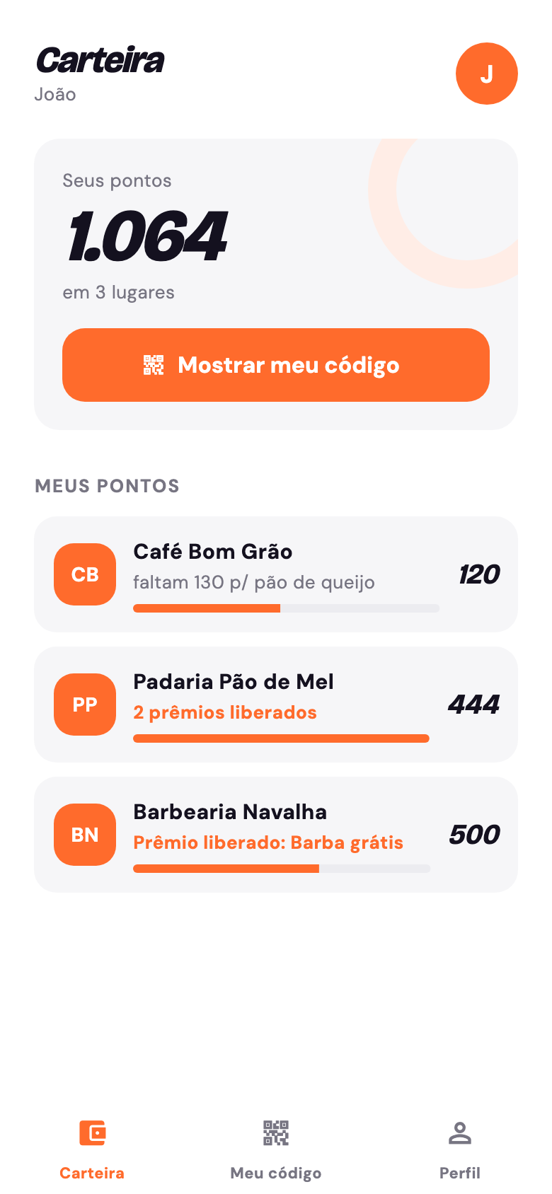Carteira do cliente com os pontos em cada lugar