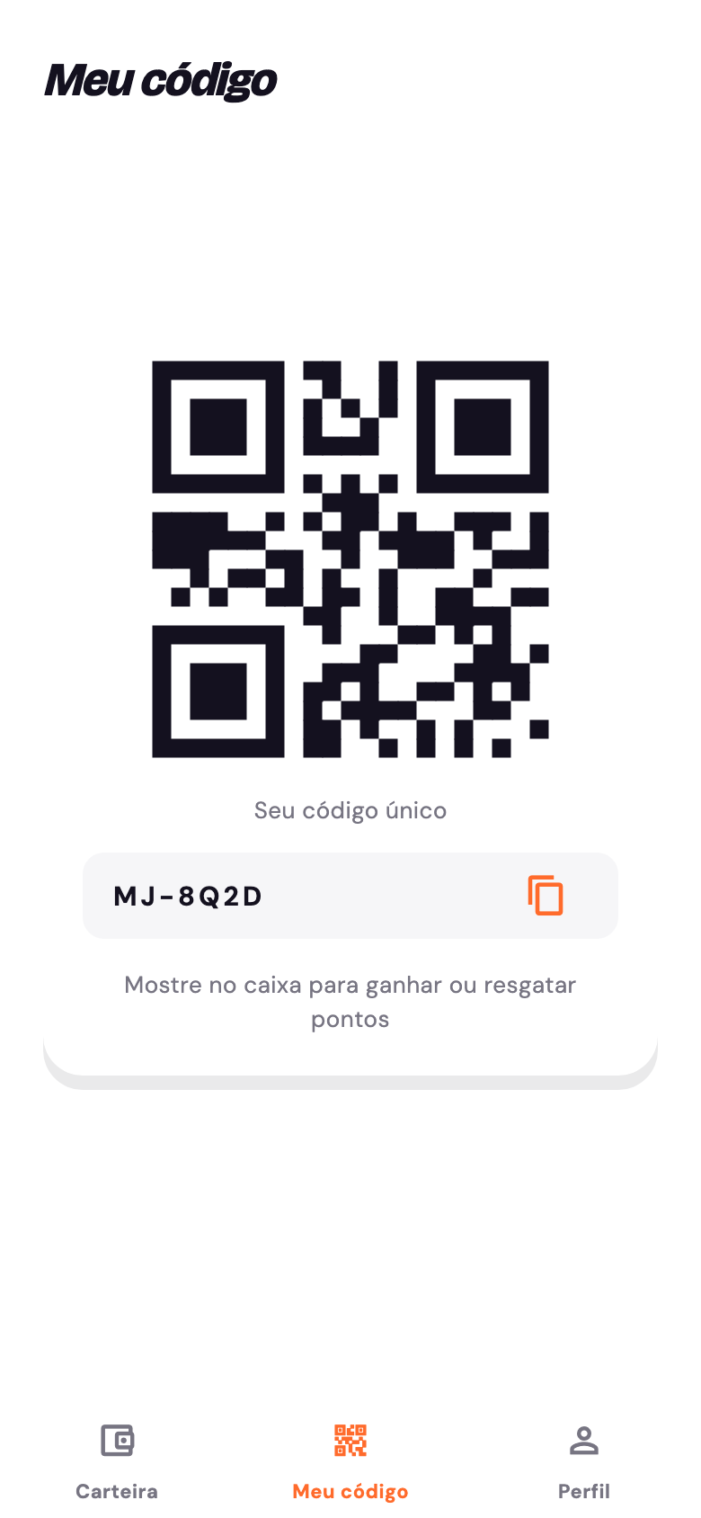 Tela Meu código, com o QR do cliente