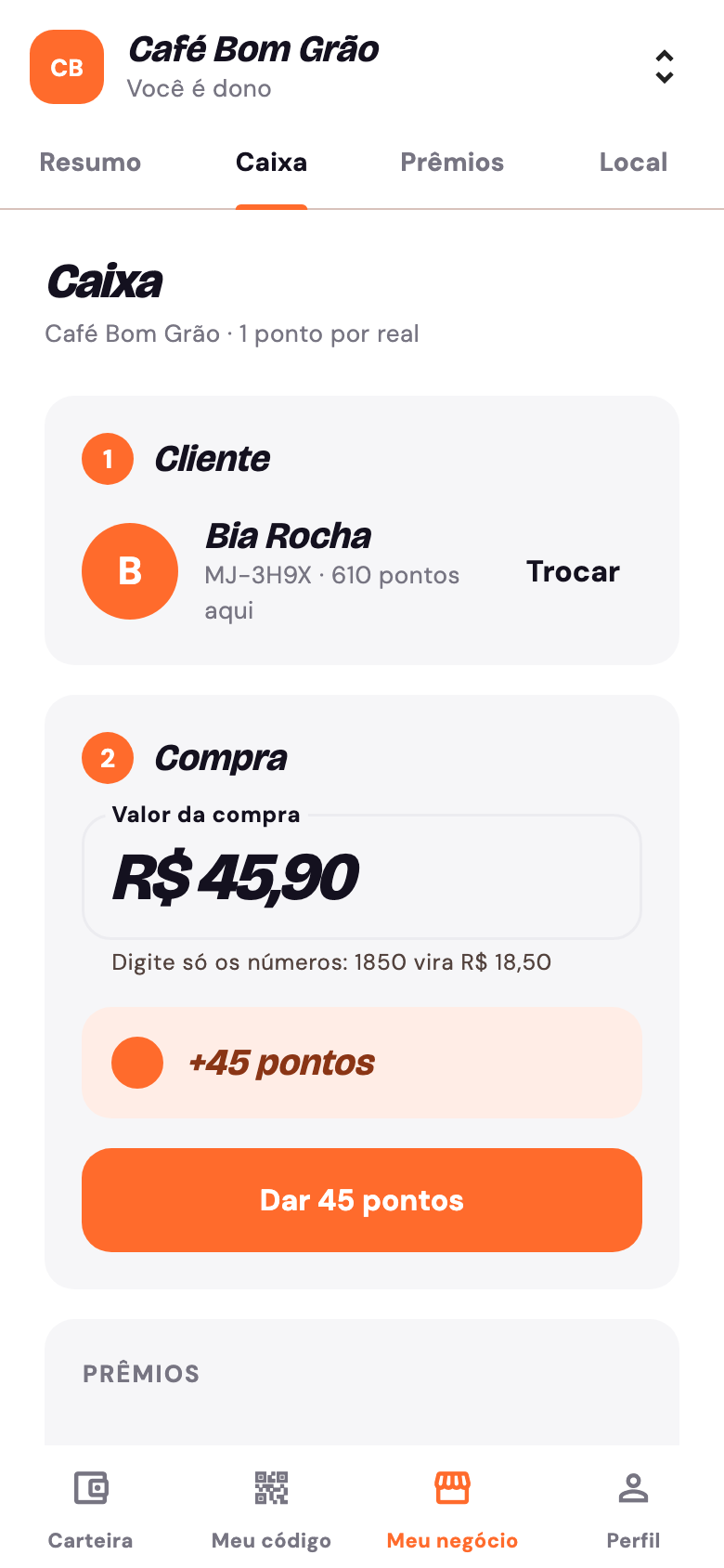 Tela do caixa, onde se digita o valor da compra