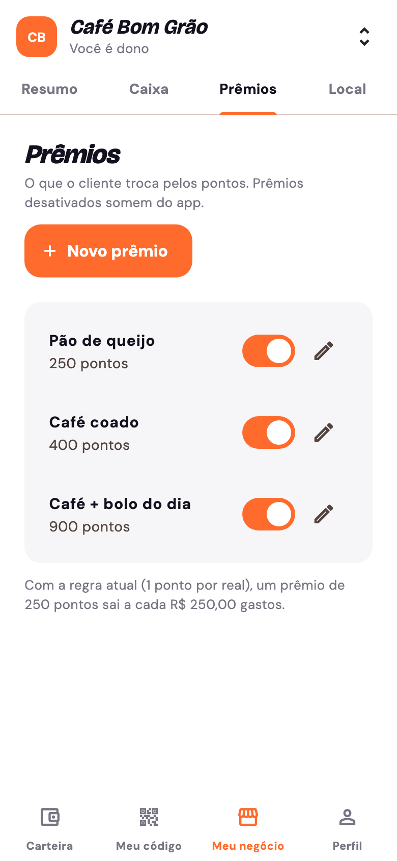 Tela de prêmios do negócio