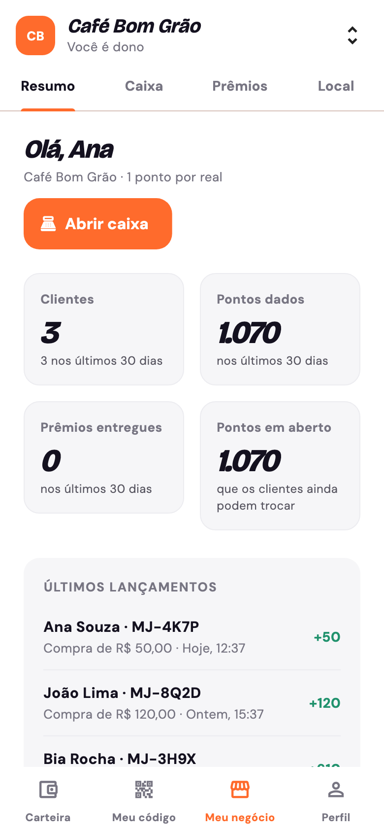 Tela de resumo do negócio no Jeby: clientes, pontos dados e últimos lançamentos